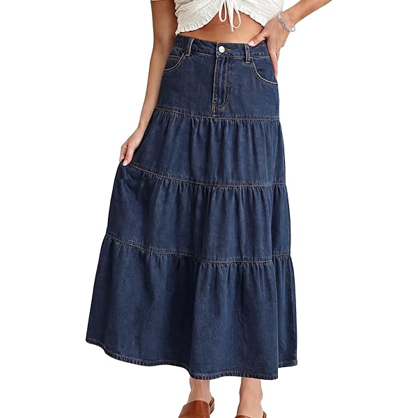 Women's Juniors Denim Long Flare Bottom Tiered Maxi Skirt in M